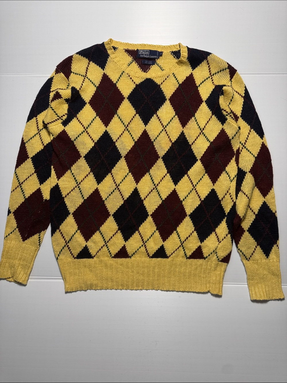 POLO by Ralph Lauren Vintage Yellow Argyle Knit Linen Ramie Sweater Preppy M